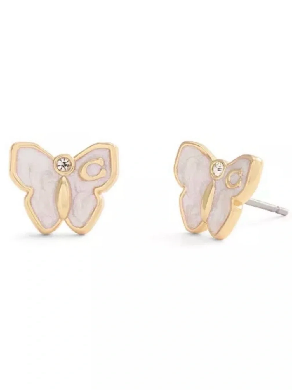 Coach Signature Butterfly Stud Earrings Gold Tone White Enamel & Crystal Accents